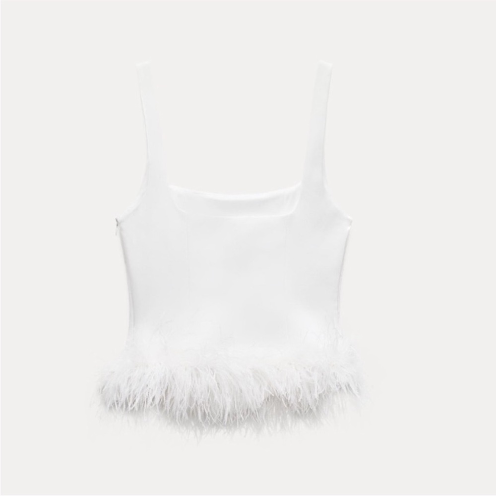 zara NWT white feathered tank top blouse stretch 4772/104 197 size small - Picture 12 of 12